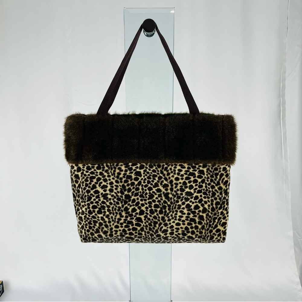 Leopard Print Faux Fur Trim Tote Large